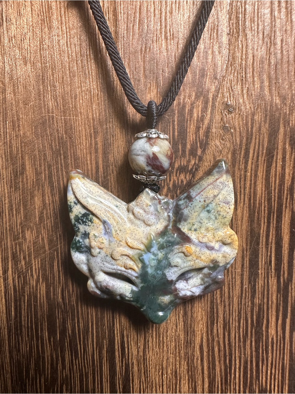 Natural Ocean Jasper Fox Mask Carving Pendant on Adjustable Rope with Opal